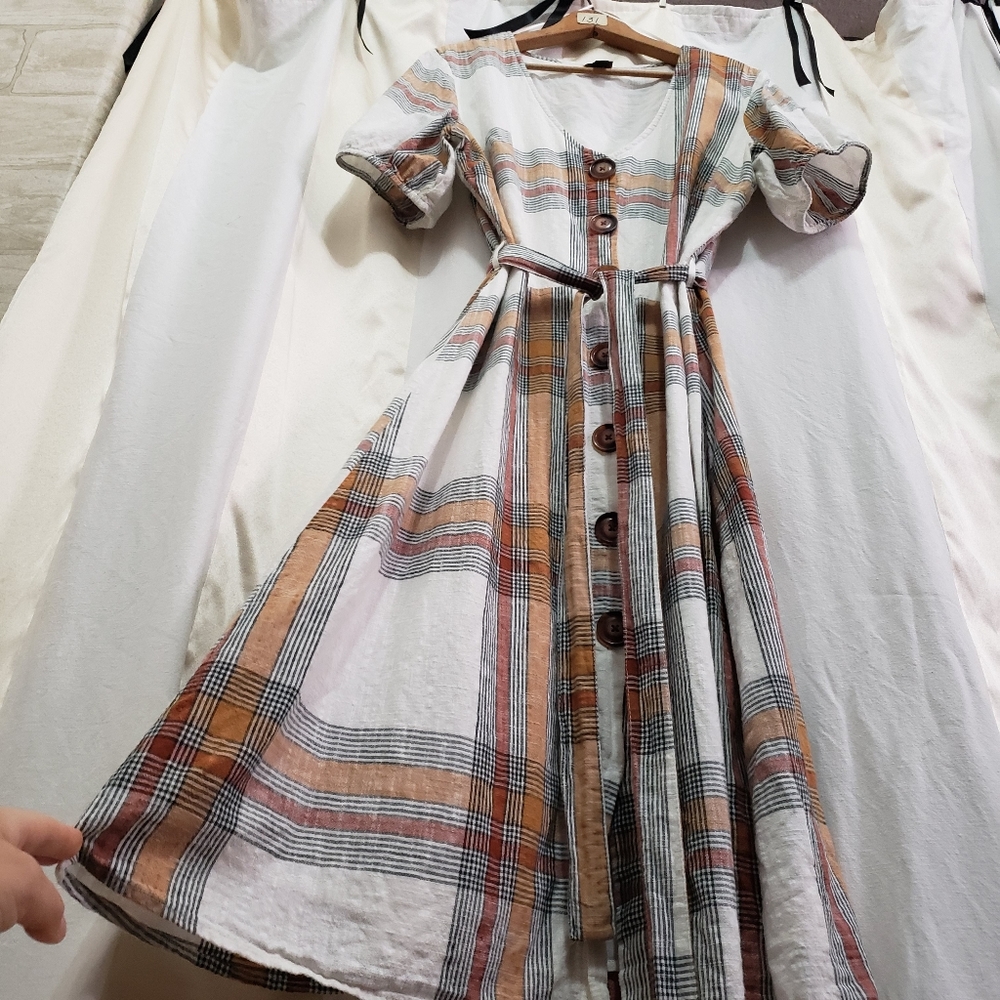 Worthington Plaid Midi Dress - Cream, Tan, Black - Picture 6 of 6